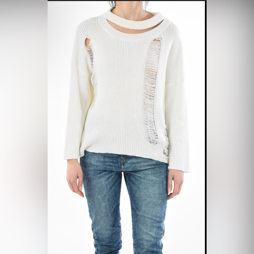 Diesel M-Bob Chocker Open Knit Distressed Tattered Crewneck Relaxed Sweater